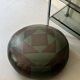 pouf rond en cuir véritable patchwork vert et marron, 1970