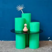 Green plexiglass coffee table in Memphis design style from the 1980s.
