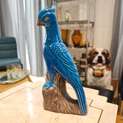 Turquoise glazed ceramic cockatoo parrot statuette 30 cm