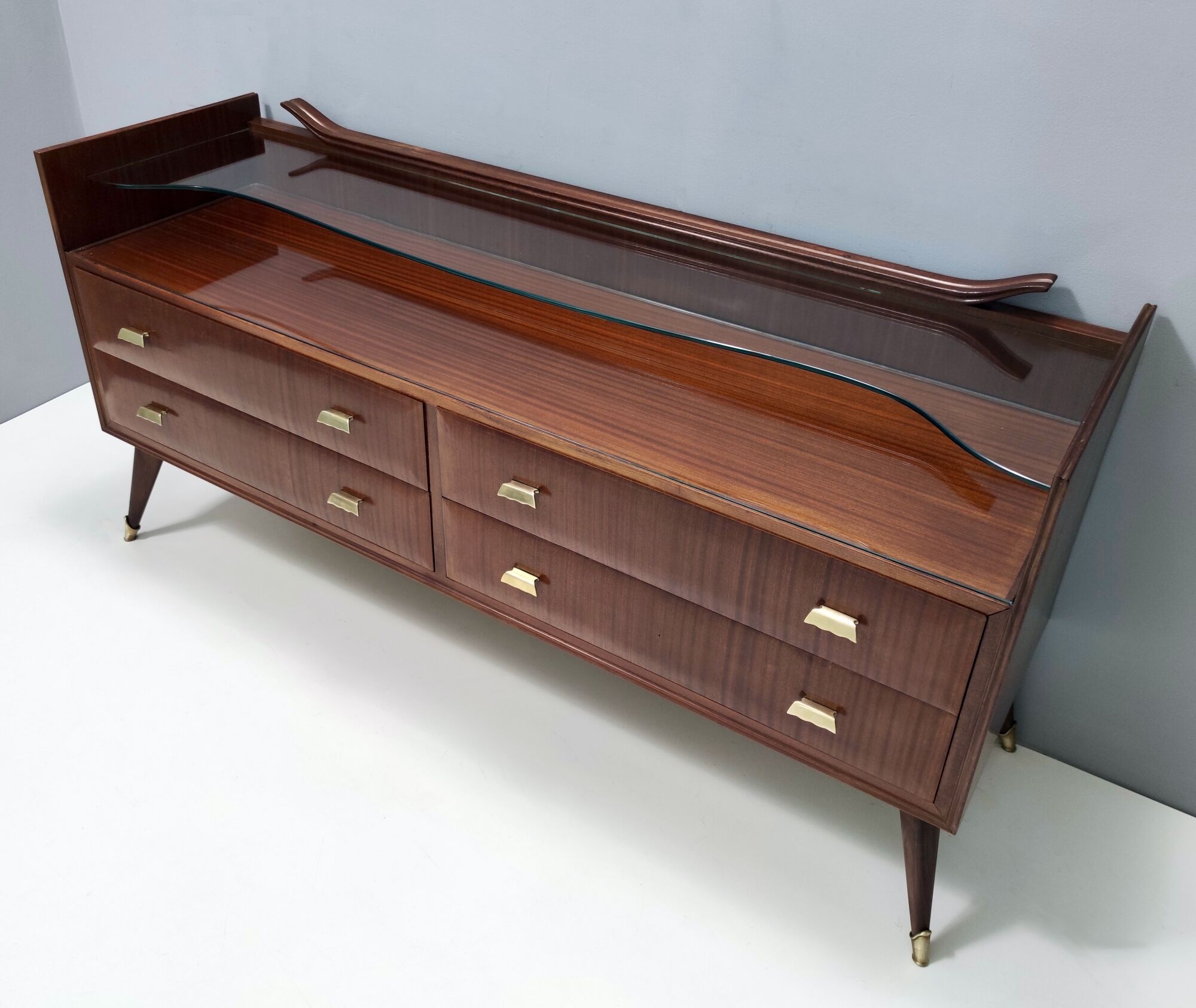 Walnut dresser with a thick glass top, italy