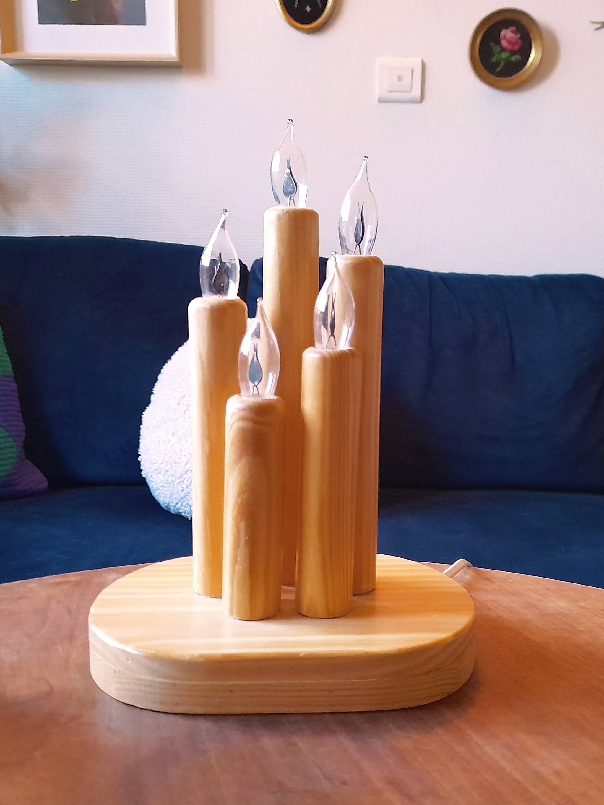 Vintage Swedish pine electric candelabra, 70s/80s