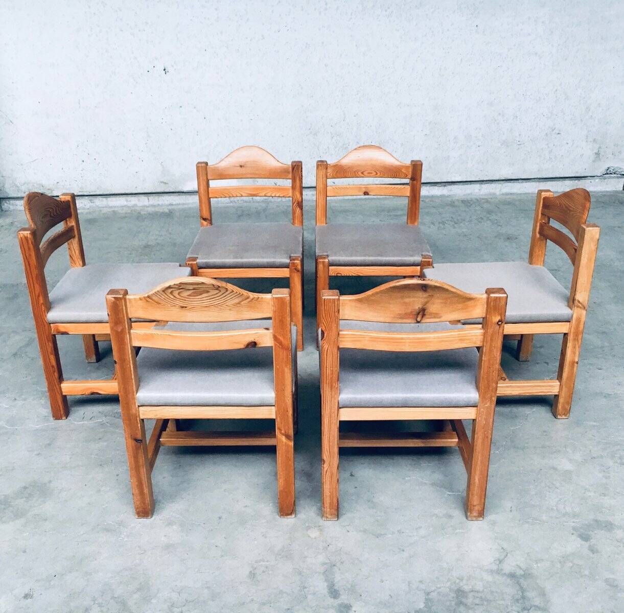 Brutalist Square Model Pine Dining Chairs, 1970s, Set of 6