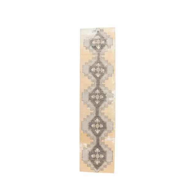 Natural Vintage Geometric Turkish Hand-Knotted Runner Rug 80x341