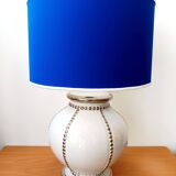 Longwy earthenware lamp and Klein blue lampshade