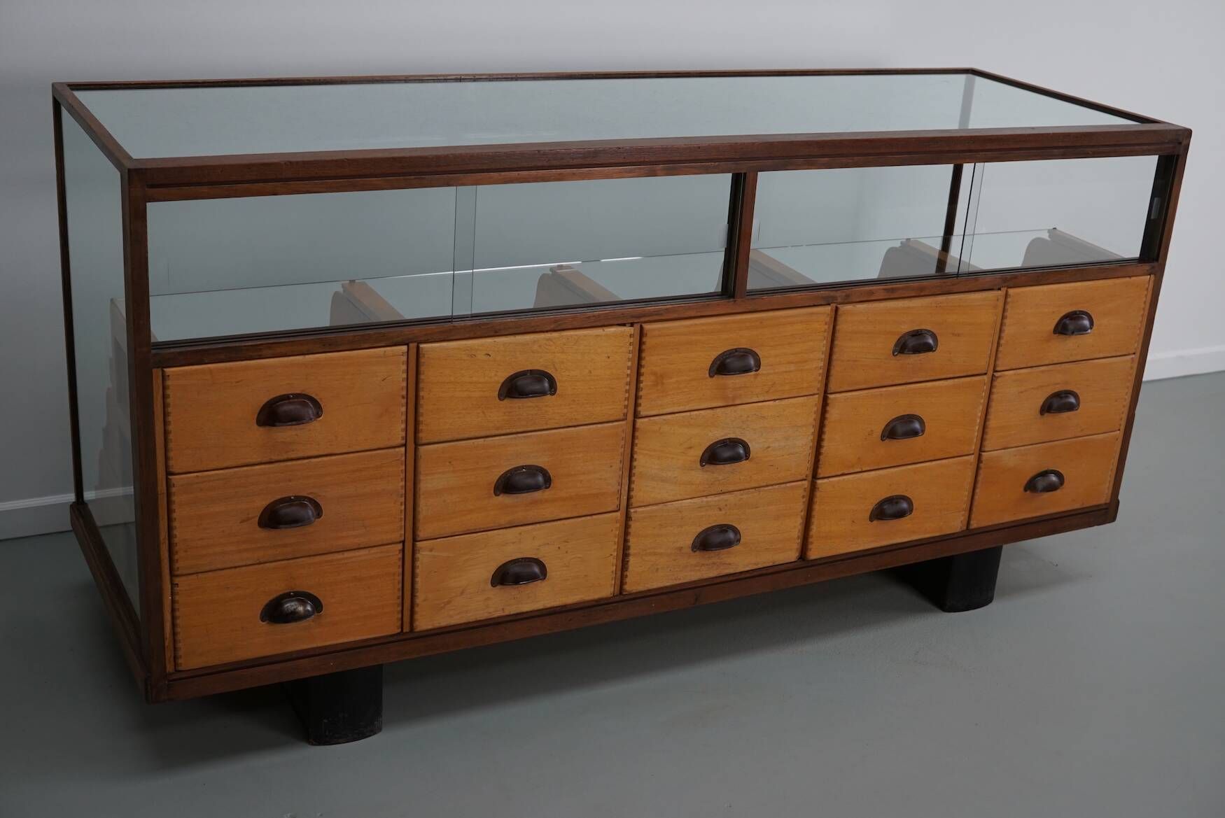 Antique British maple & hardwood haberdashery cabinet or shop counter, 1930s