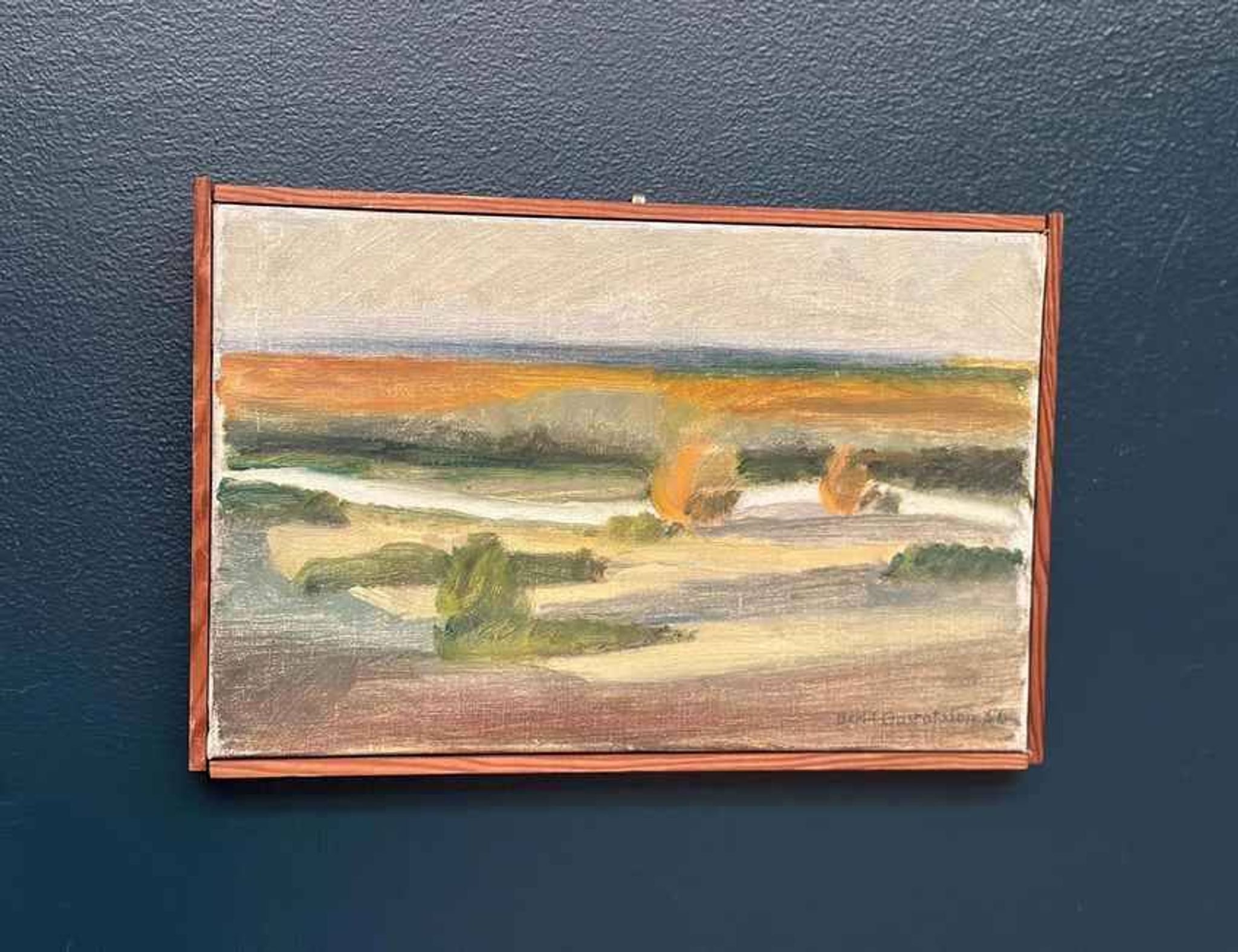 Original Mid Century Swedish Oil On Canvas – “Landscape” By Bengt Gustafsson 1952– Vintage & Framed