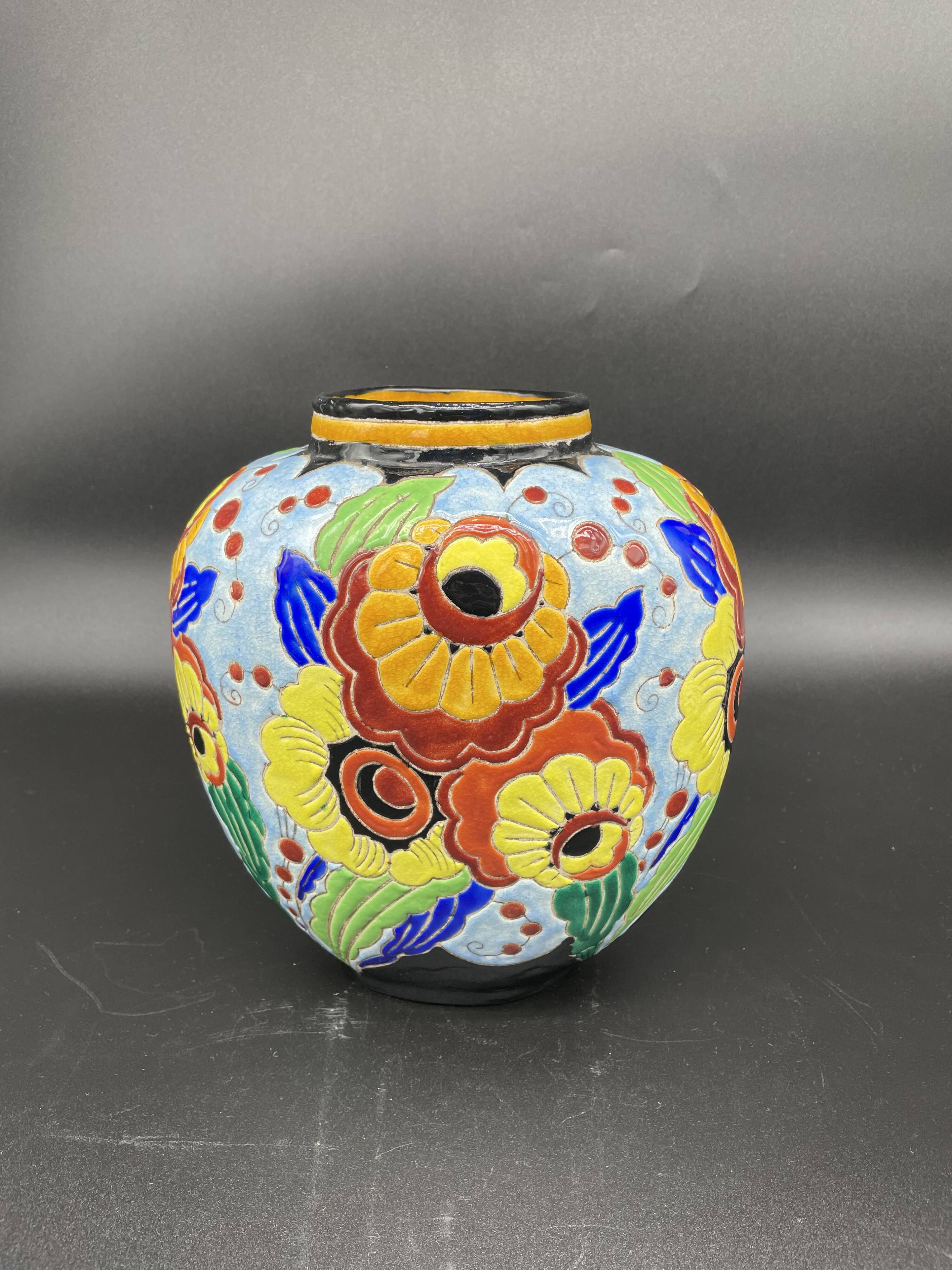 Ovoid vase, charles catteau, keramis, art deco period, fine earthenware, floral enamel decoration, vase col