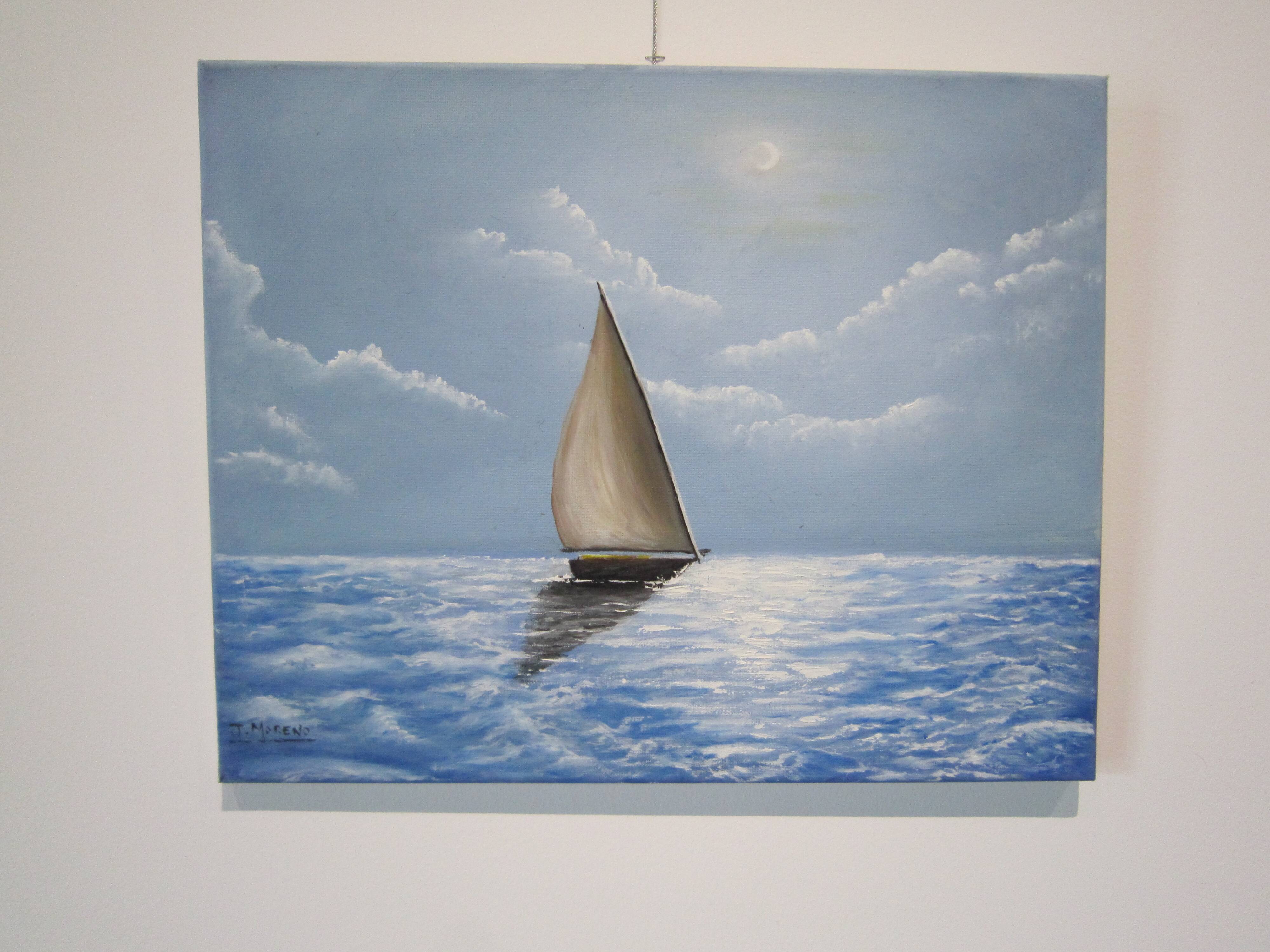 Peinture huile sur toile marine voilier en mer signée Moreno José