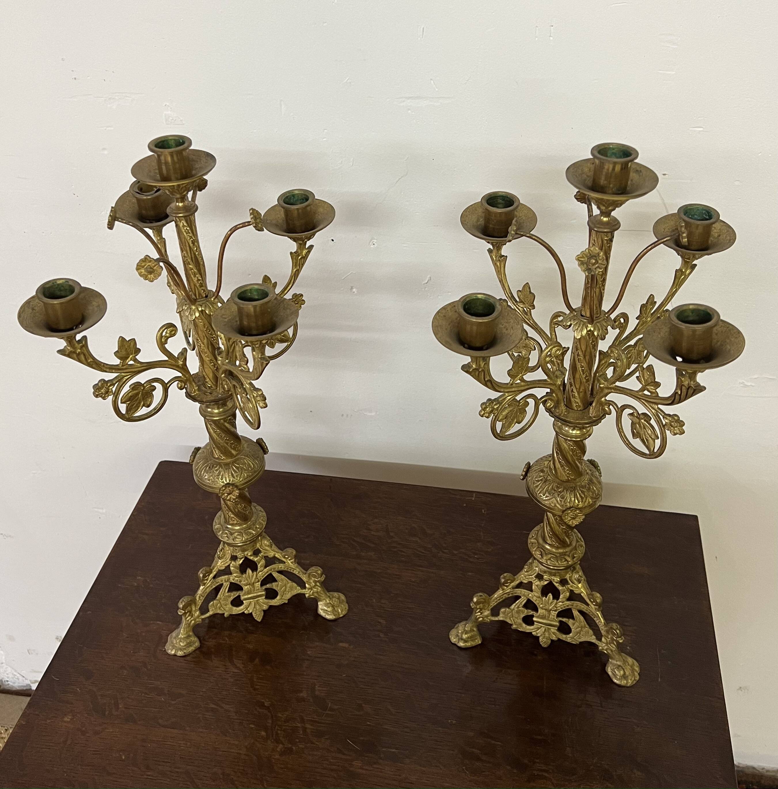 Pair of old altar candelabras in gilded brass from the 19th century