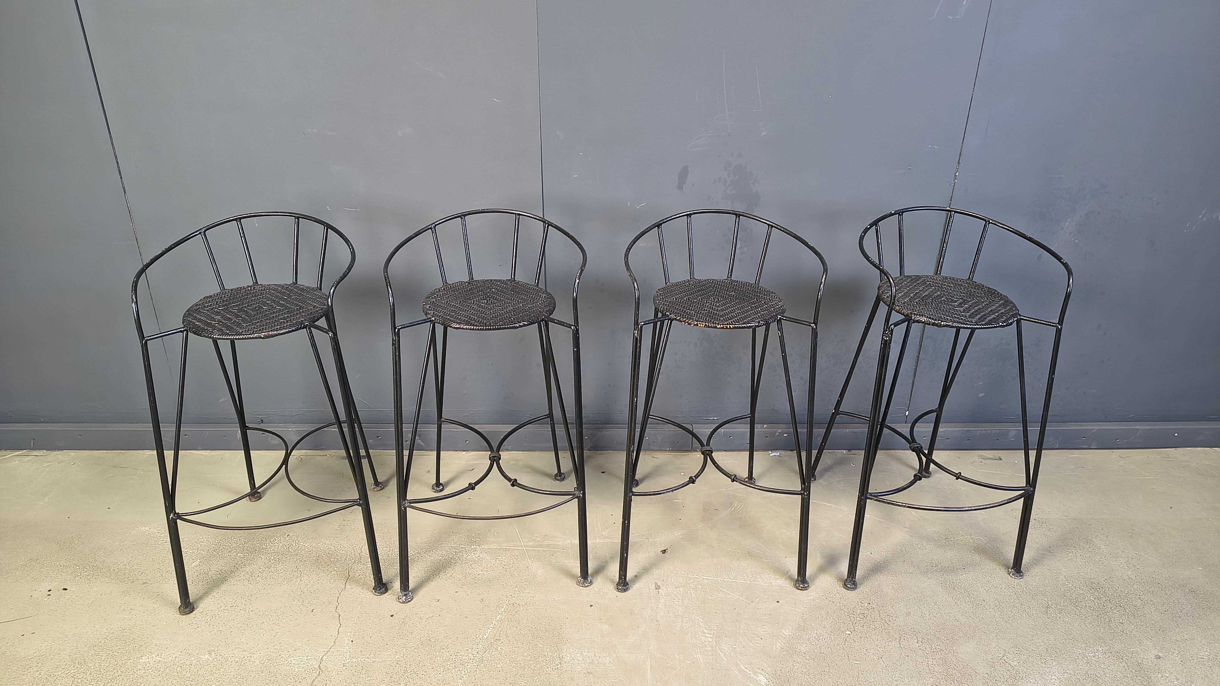 Tabourets de bar vintage en fer forgé et rotin, ensemble de 4 - années 1970