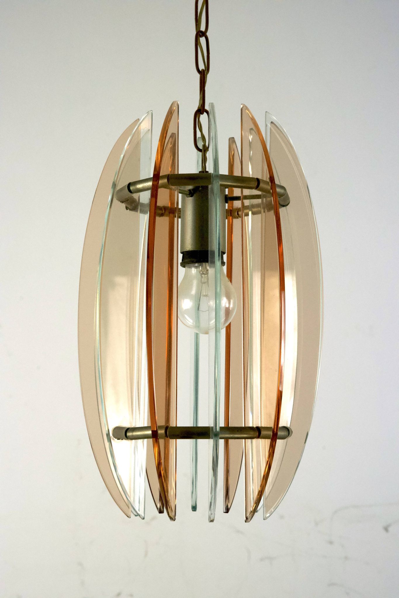 Mid-Century Italian pink and clear thick glass chandelier by Veca. Italy 1960s