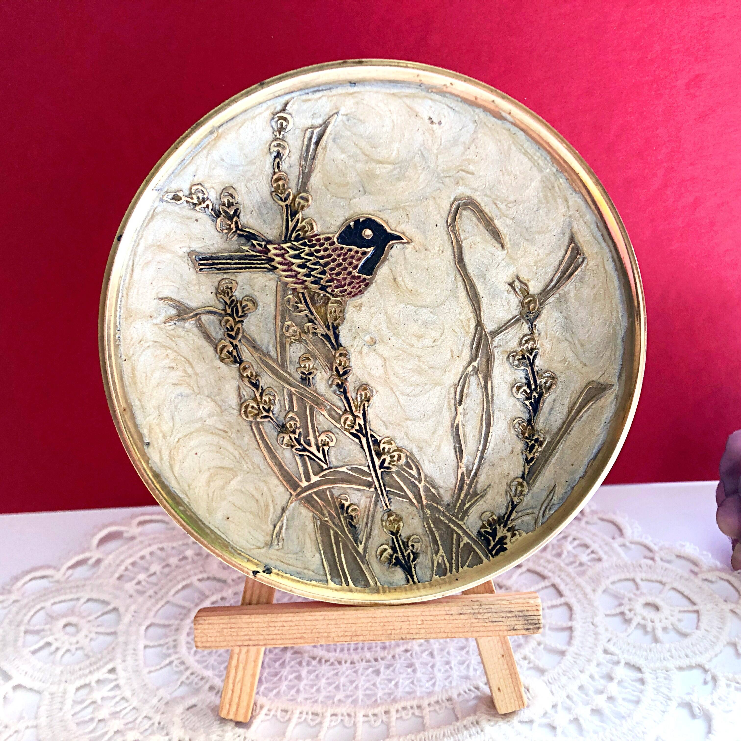 Coupelle  ou vide-poche laiton émaillé décor d'oiseau