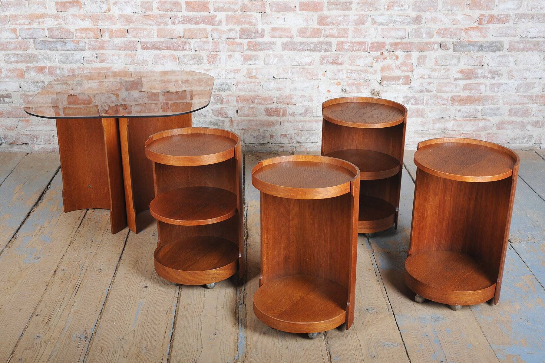 Mid-Century Modern Nesting Table in Oak and Smoked Glass, Czech, 1960s, Set of 5