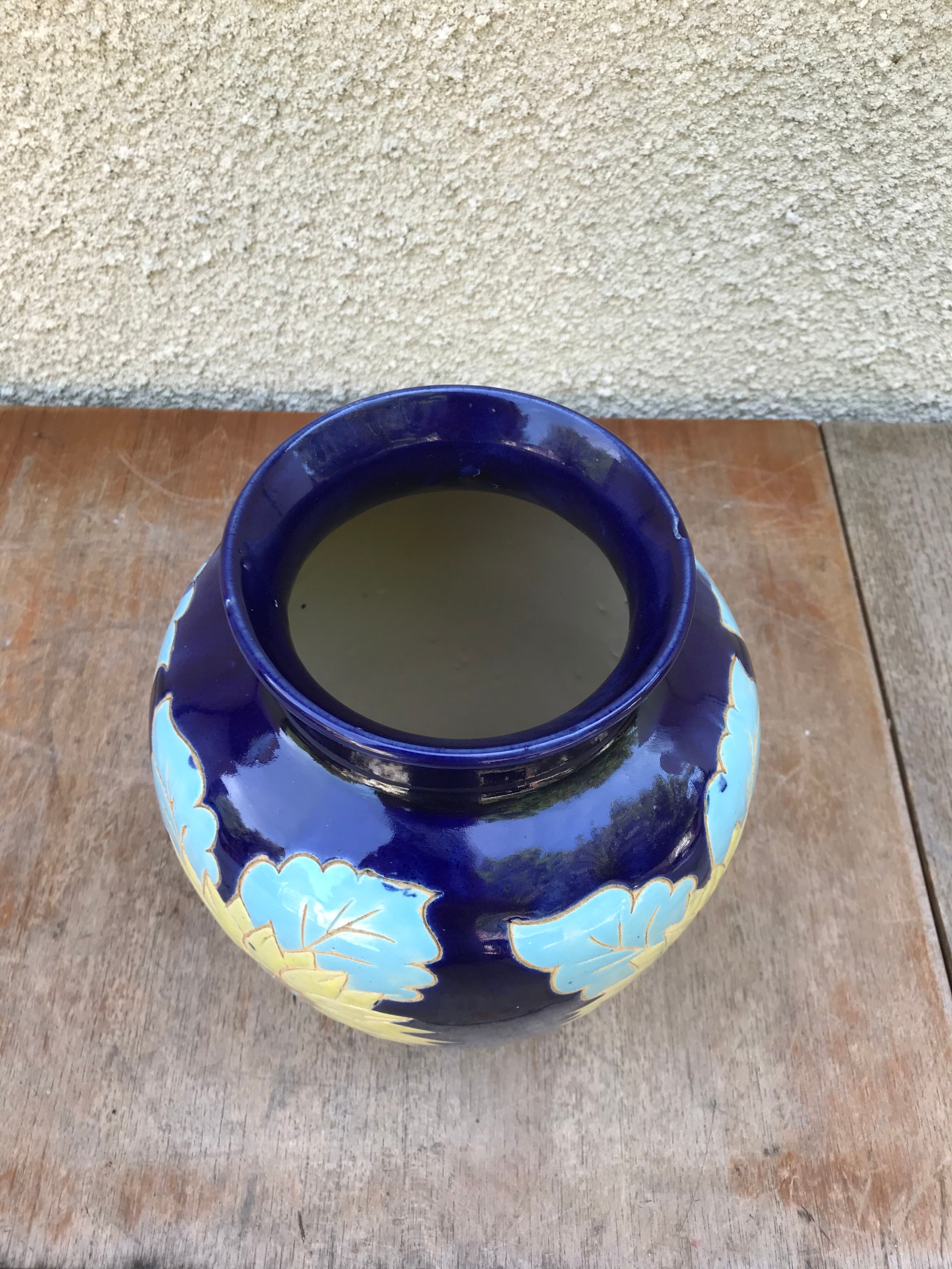 Ancient Blue Enamelled Ceramic Vase Decor Yellow Flowers 60s Vintage