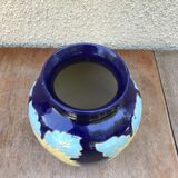 Vase céramique émaillée bleue décor fleurs jaune années 60 vintage