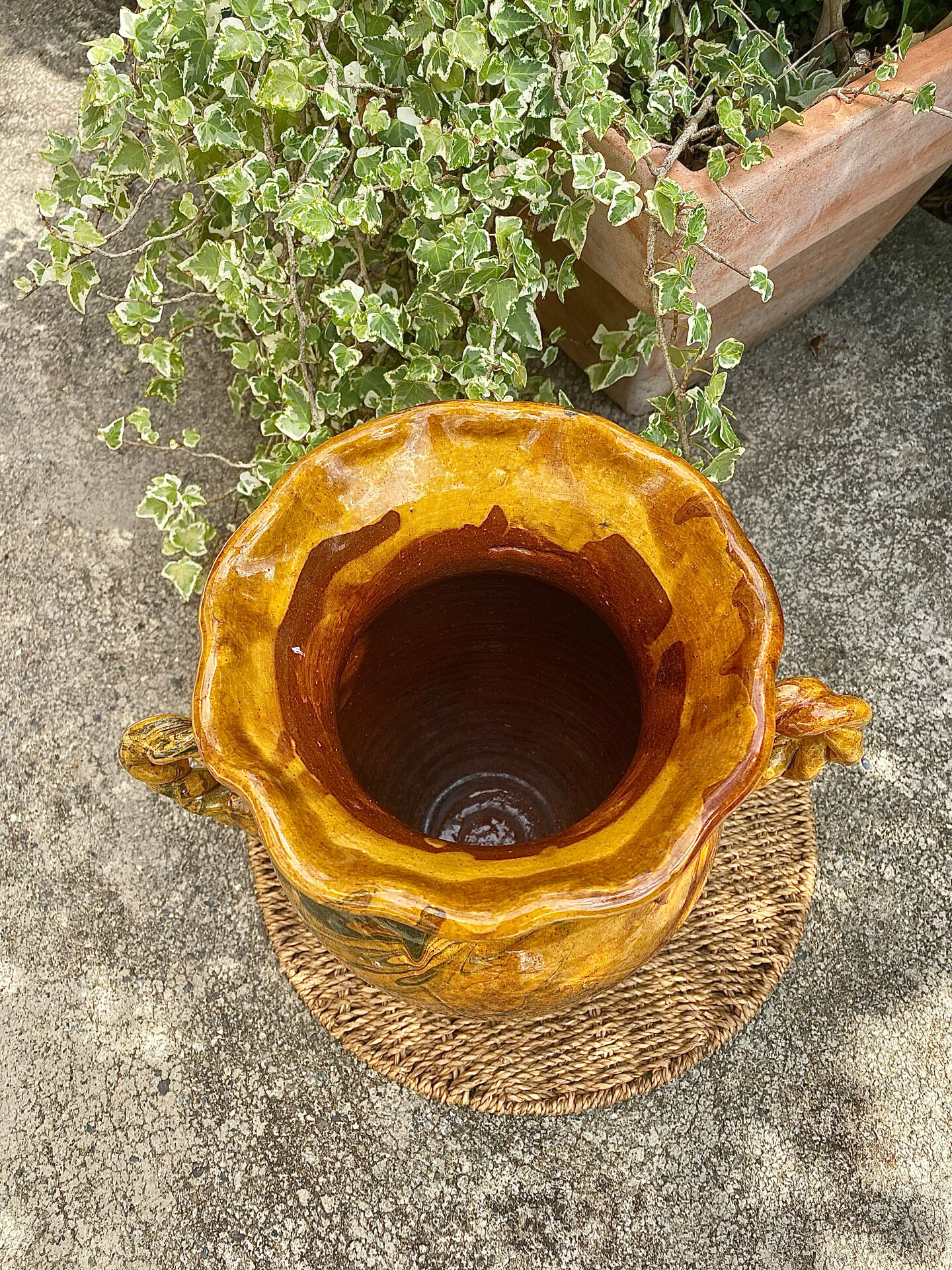 Ancient large vase in glazed speckled terracotta