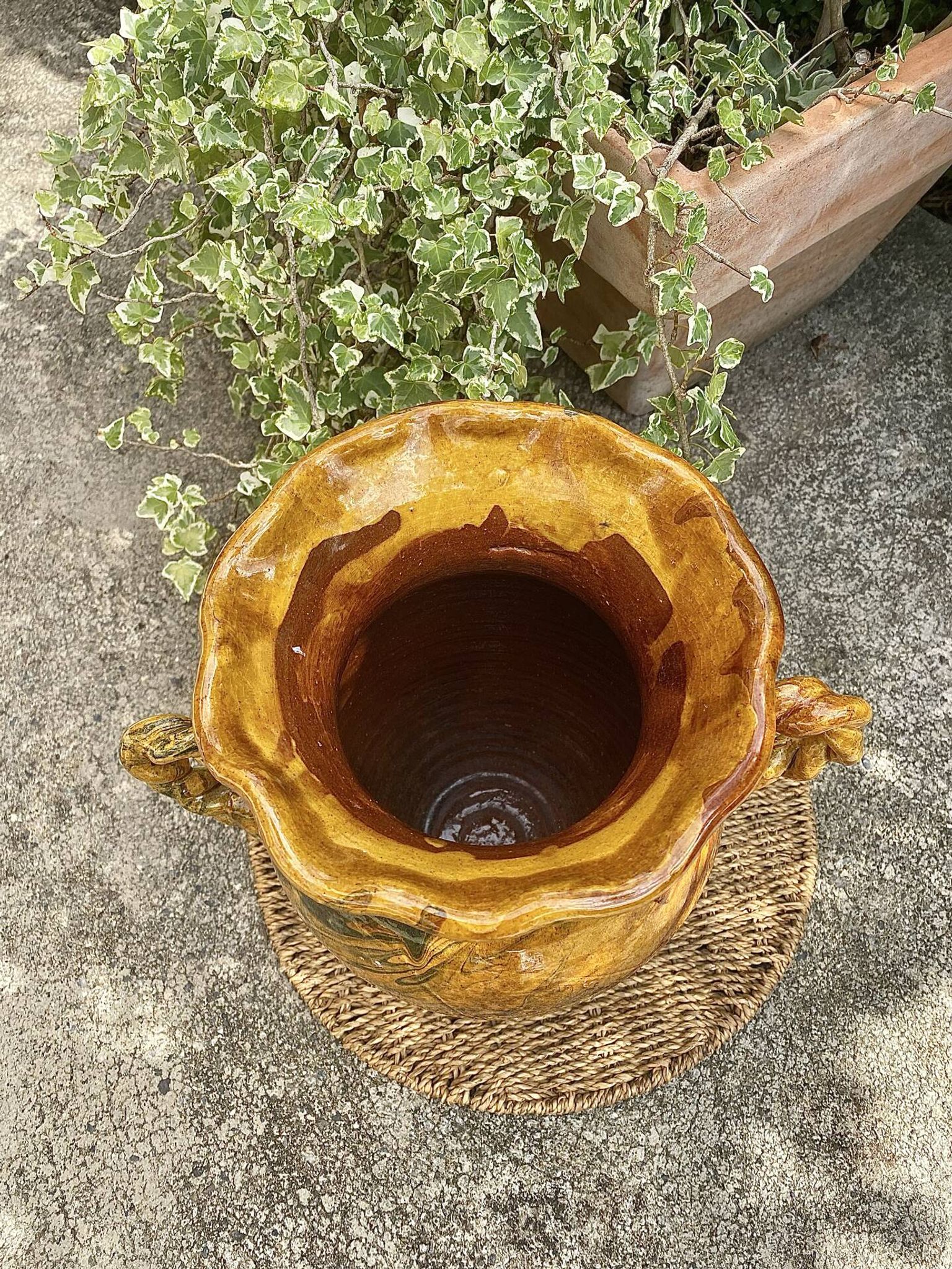 Ancient large vase in glazed speckled terracotta
