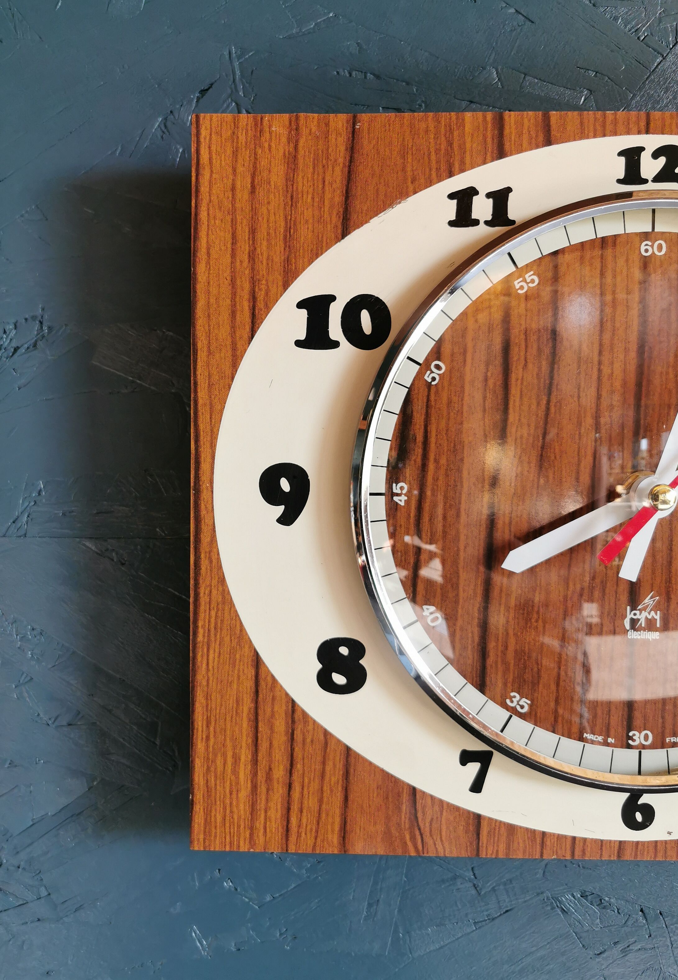 Vintage formica clock rectangular silent wall clock "Japy cream wood"