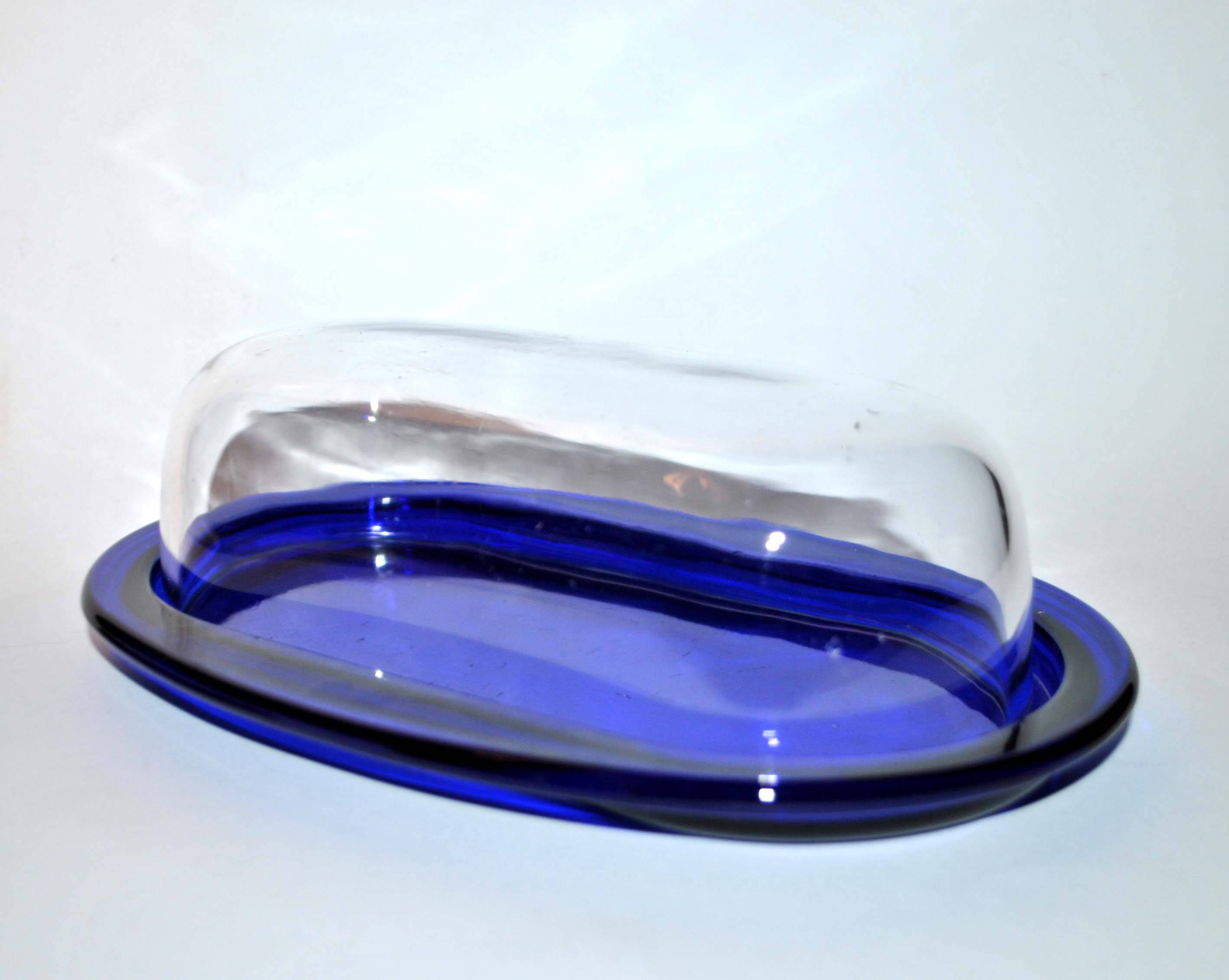 Vintage cobalt blue glass butter dish