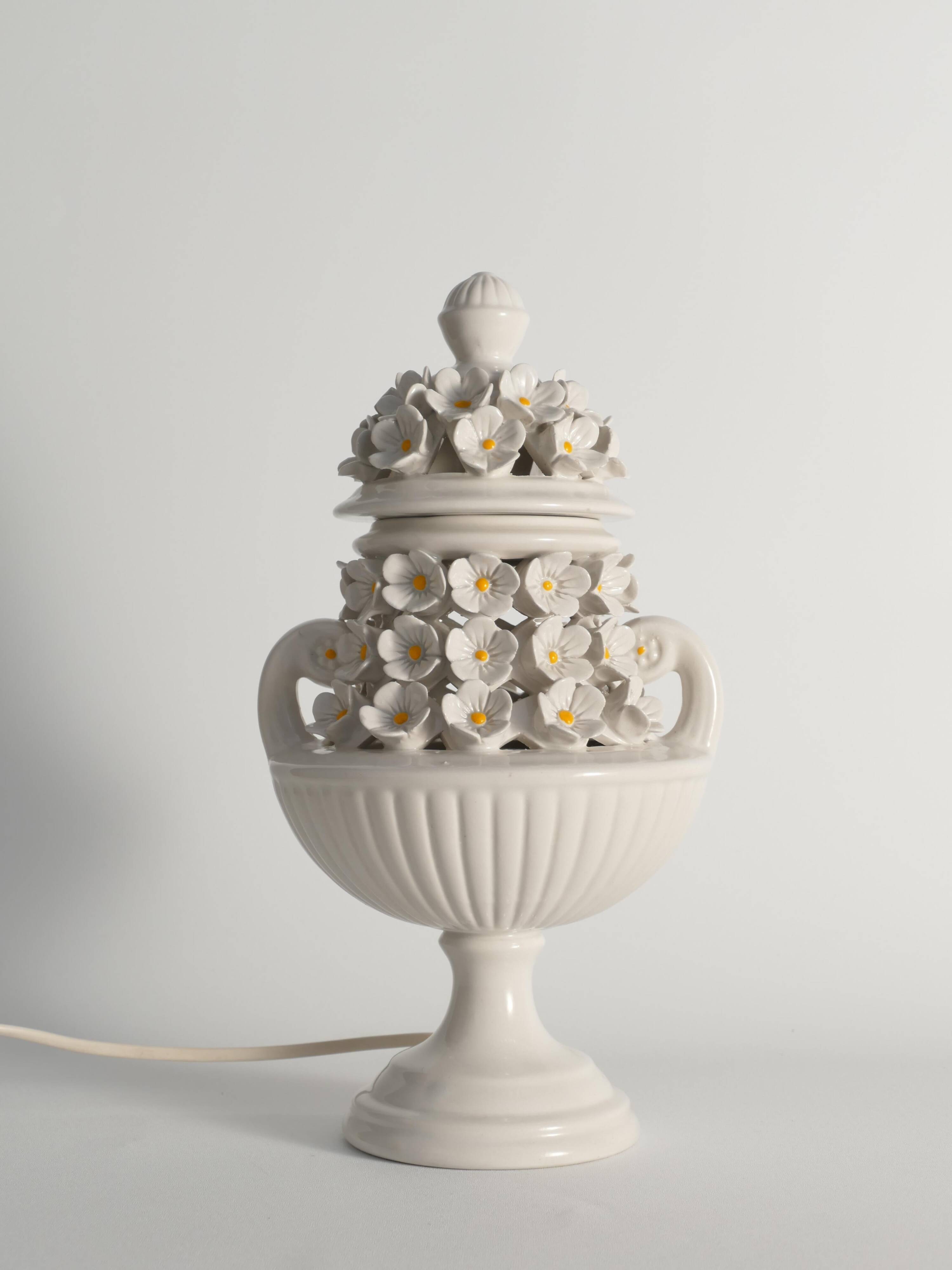 White Ceramic Table Lamp with Flower Motif, Italy 1960s