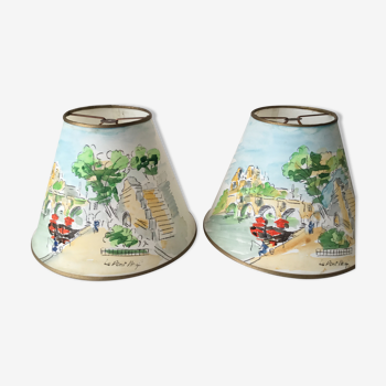 Pair of hand-painted lampshades "Le Pont Neuf"