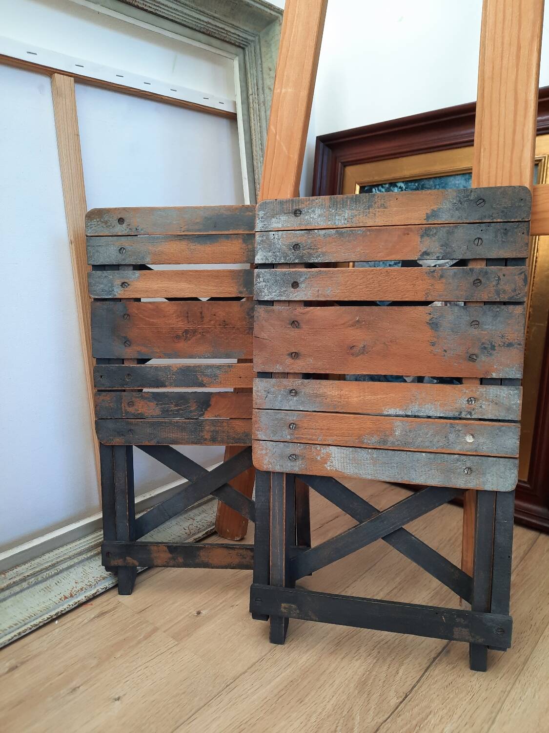 Antique wooden folding stools for painter