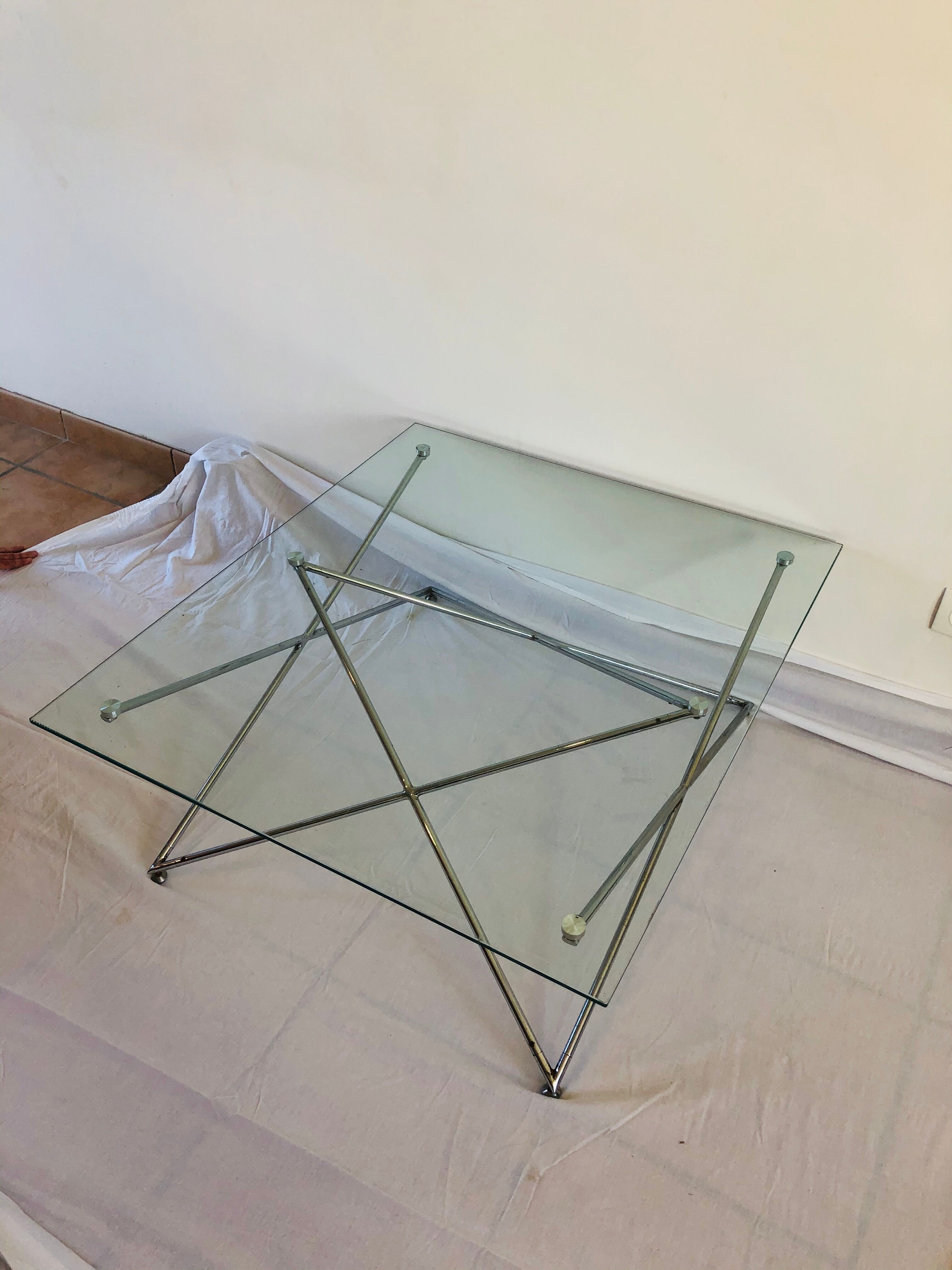 Vintage glass and chrome metal coffee table 1960