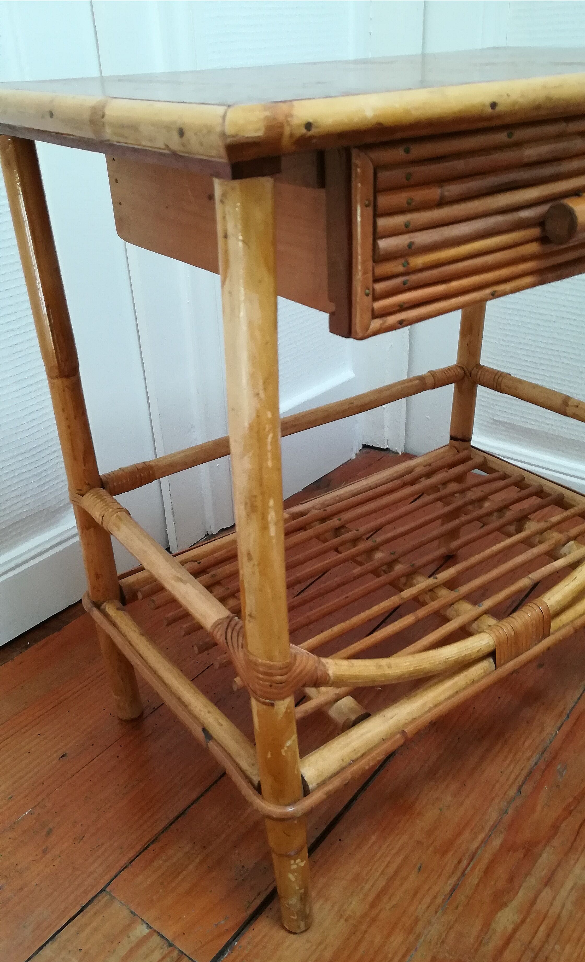 Rattan and vintage bamboo bedside table