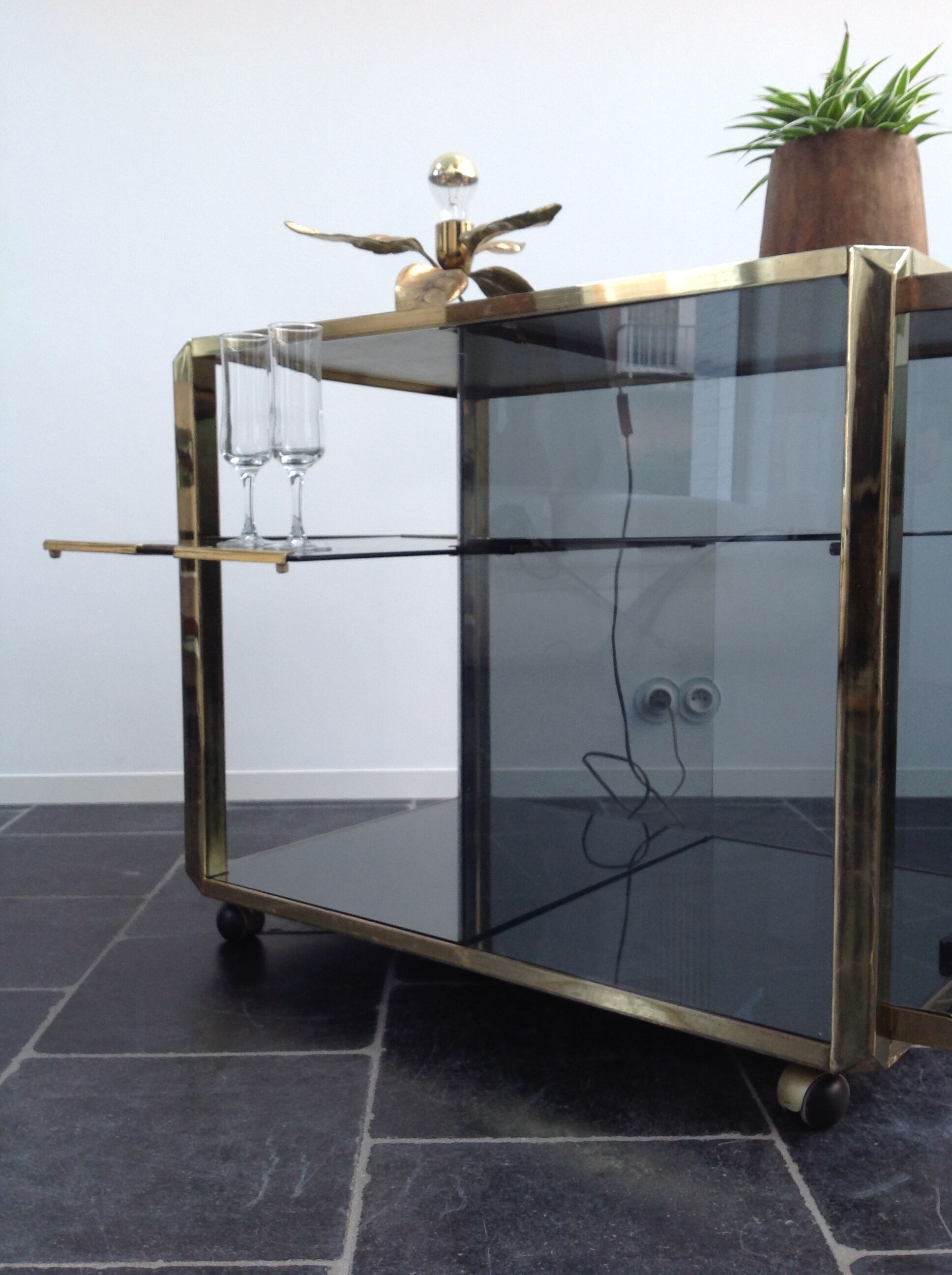 Bar Trolley in Brass & Smoked Glass by Mario Sabot, 1973