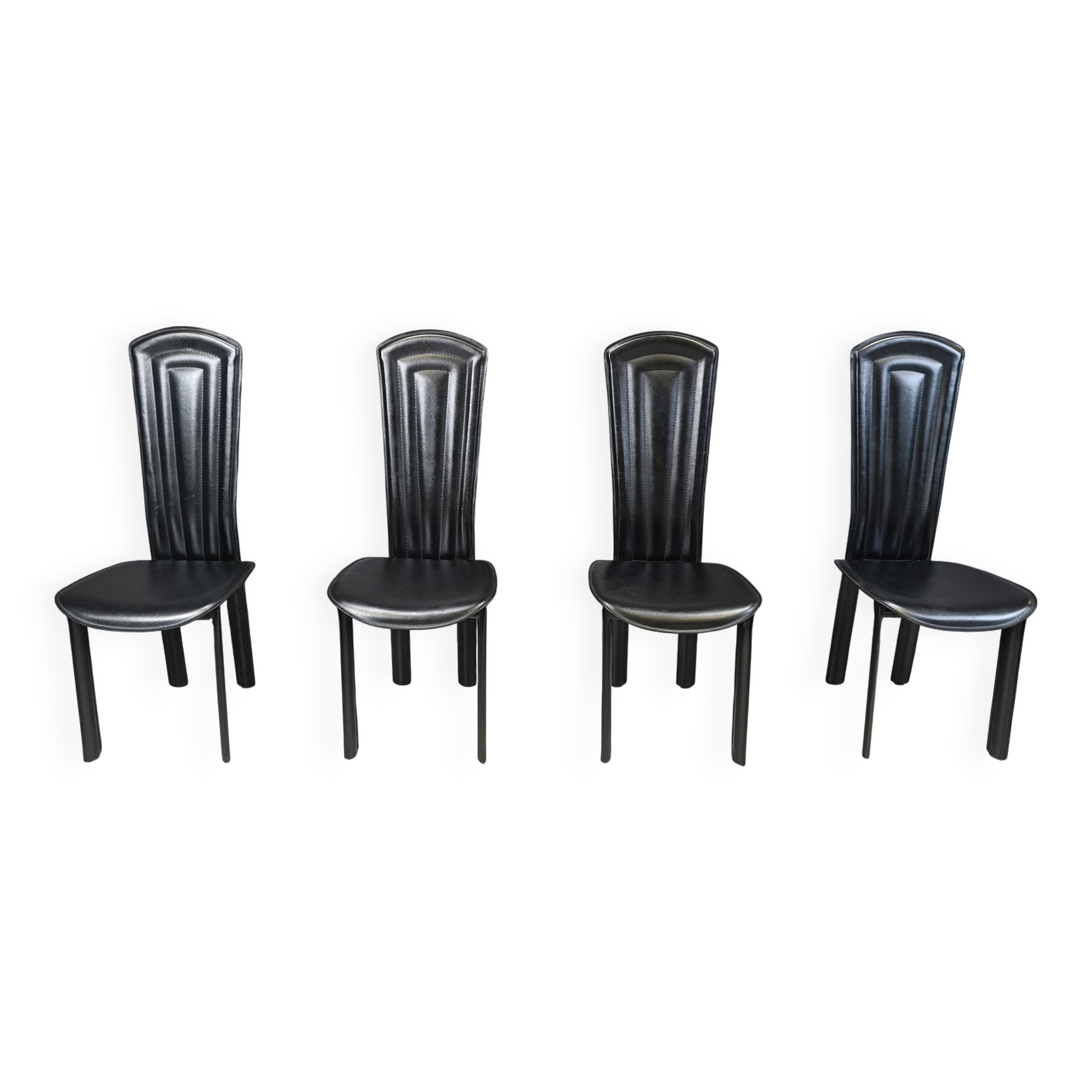 Vintage black leather dining chairs, set of 4, 1980s