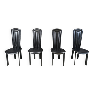 Chaises de salle à manger vintage en cuir noir, lot de 4, années 1980
