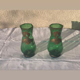 Paire de vases aux iris dore verre transparent vert et iris peint a la main art nouveau, collector