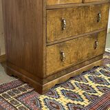 1950s English sideboard with drawers, Art Deco style, in walnut burl.