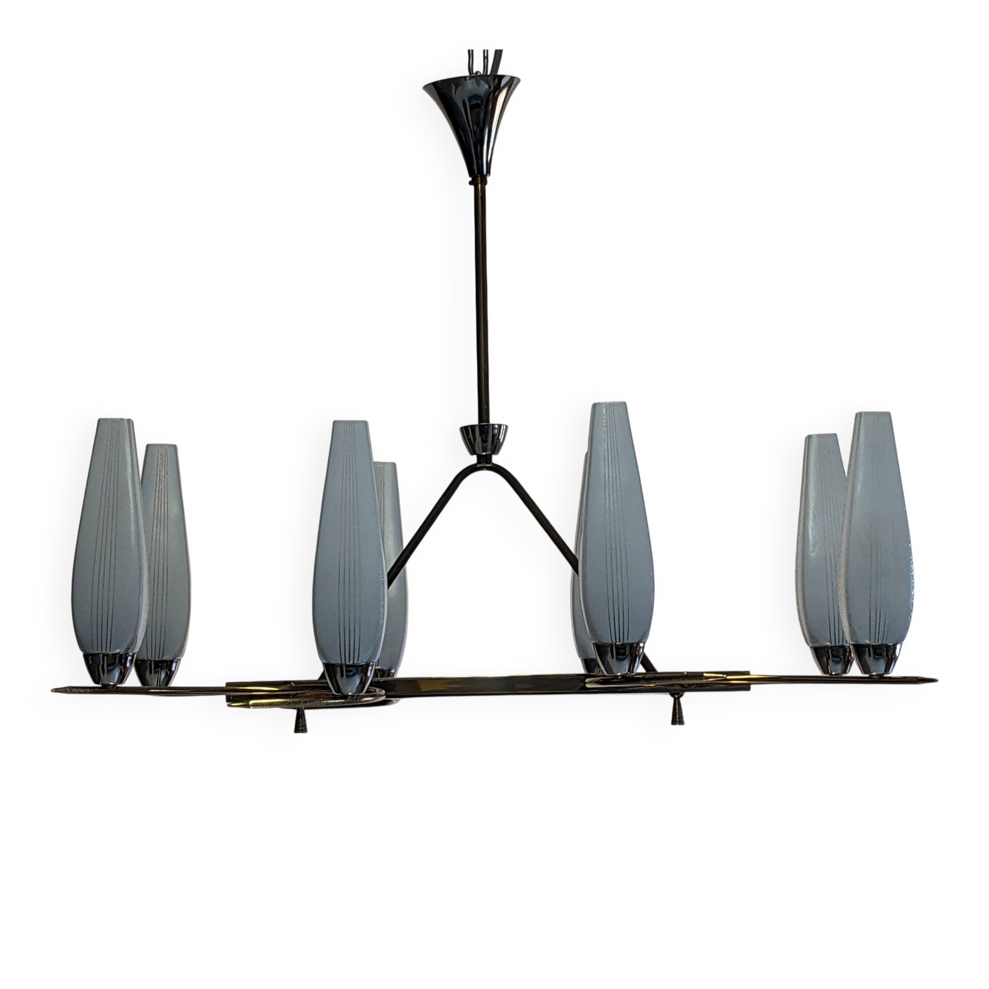 Eight-light chandelier in glass and brass, France circa 1960.