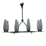 Eight-light chandelier in glass and brass, France circa 1960.