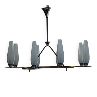 Eight-light chandelier in glass and brass, France circa 1960.