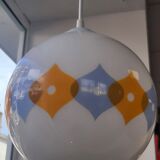 Suspension ball in opaline white geometric patterns orange and blue years 60/70