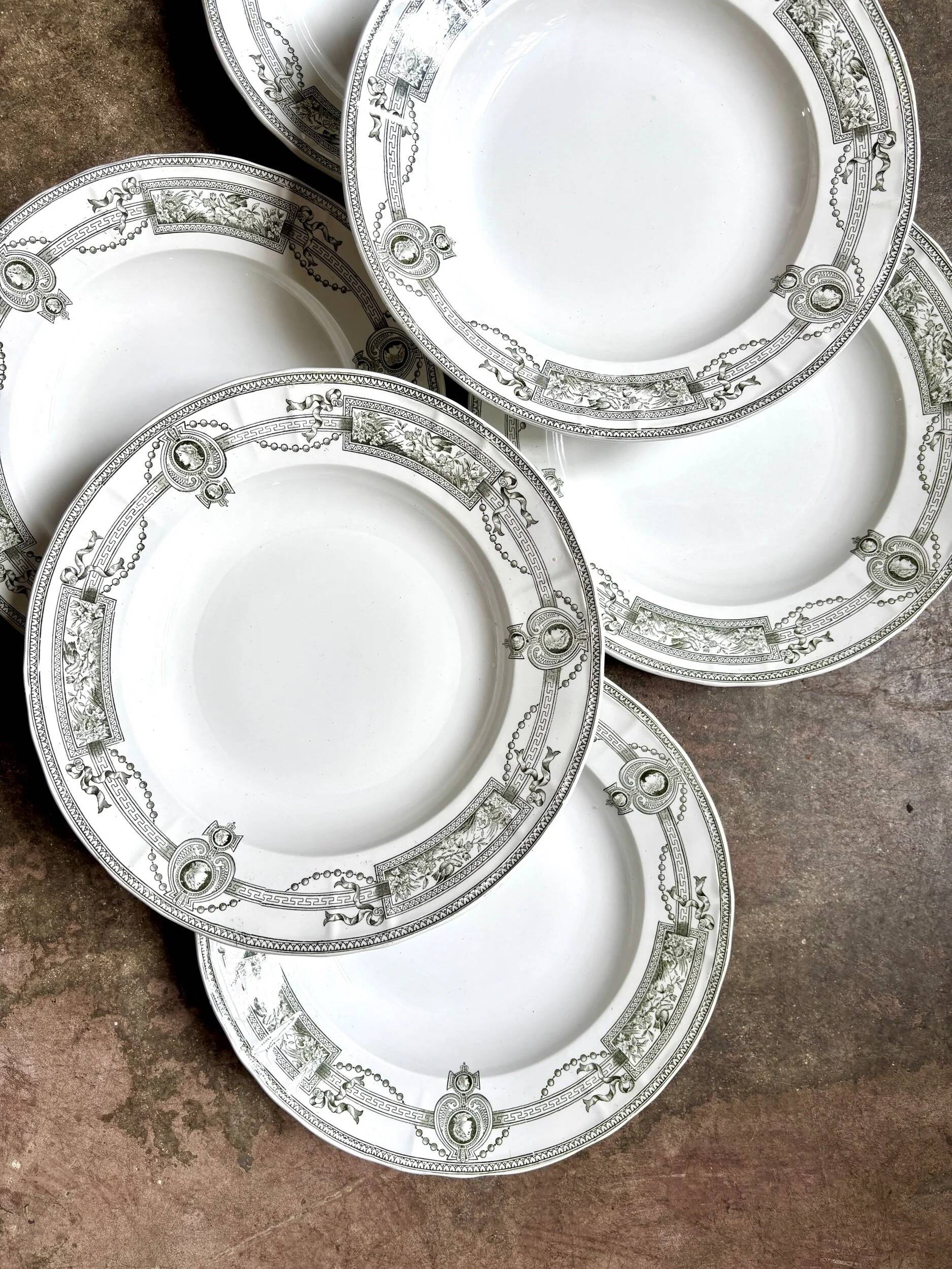 6 assiettes creuses en terre de fer St Amand et Hamage, service "Médaillon"