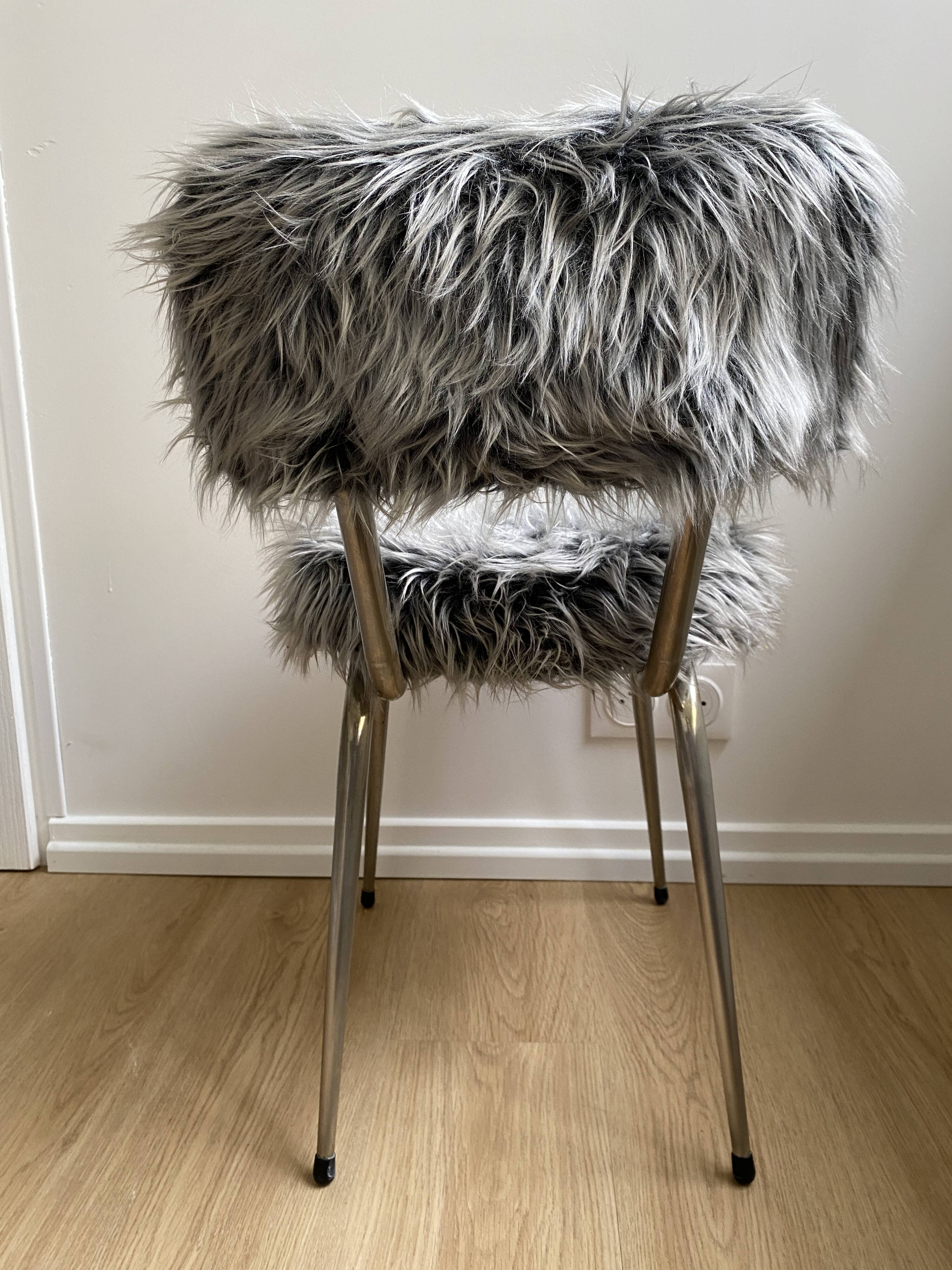 Vintage chair, gray long-haired synthetic fur