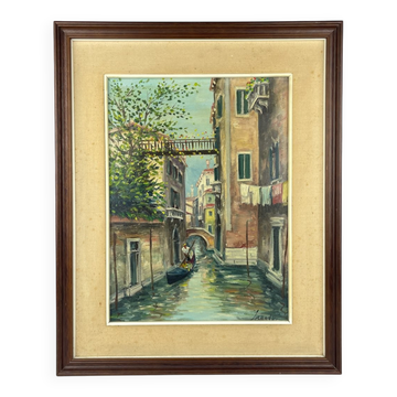 Artiste italien, Canal de Venise, Peinture à l'huile originale, années 1960, encadrée