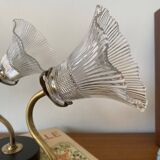 Pair of brass swan neck wall lights with transparent glass shades.