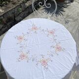 Vintage 70's round tablecloth, machine embroidery - Cotton - Diam. 170cm