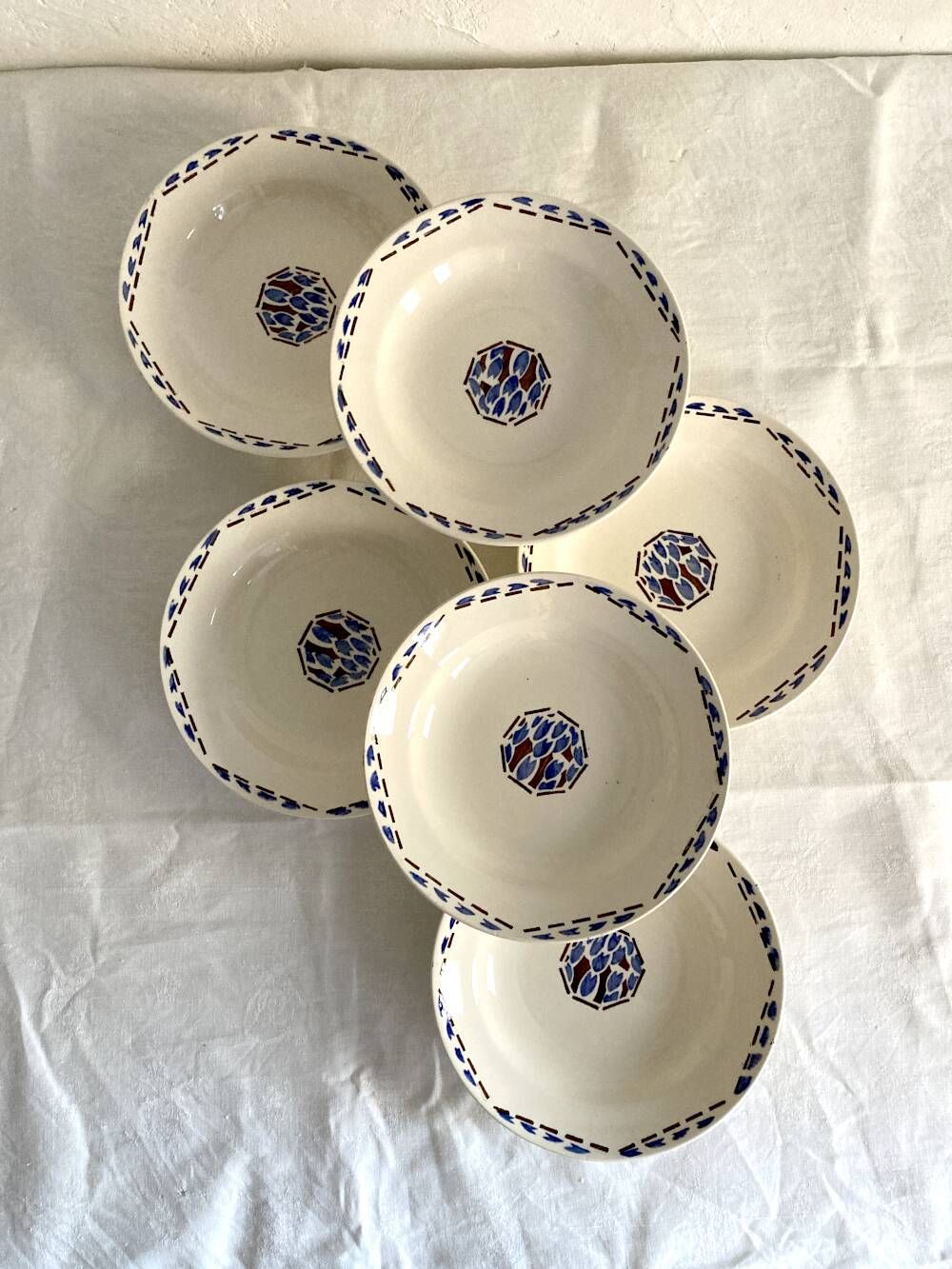 6 soup plates, ironstone from Longchamp, Arlette pattern, 1950s