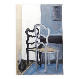 Petit tableau désuet acrylique ou huile sur lin vintage non signé