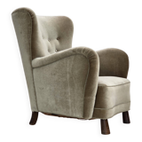 1960s, Danish armchair, green furniture velour, oak wood legs.