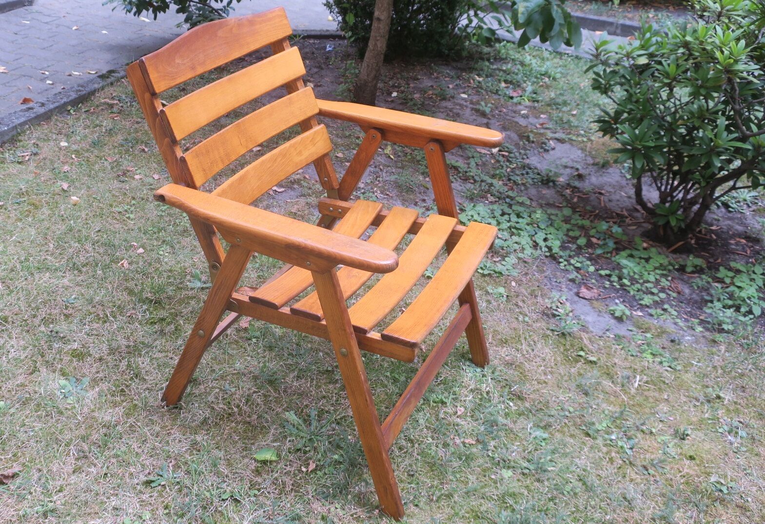 Mid century patinated wood folding garden or patio elbow chair, 1960s