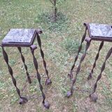 Pair of Brutalist patinated iron and veined marble columns, 1960s
