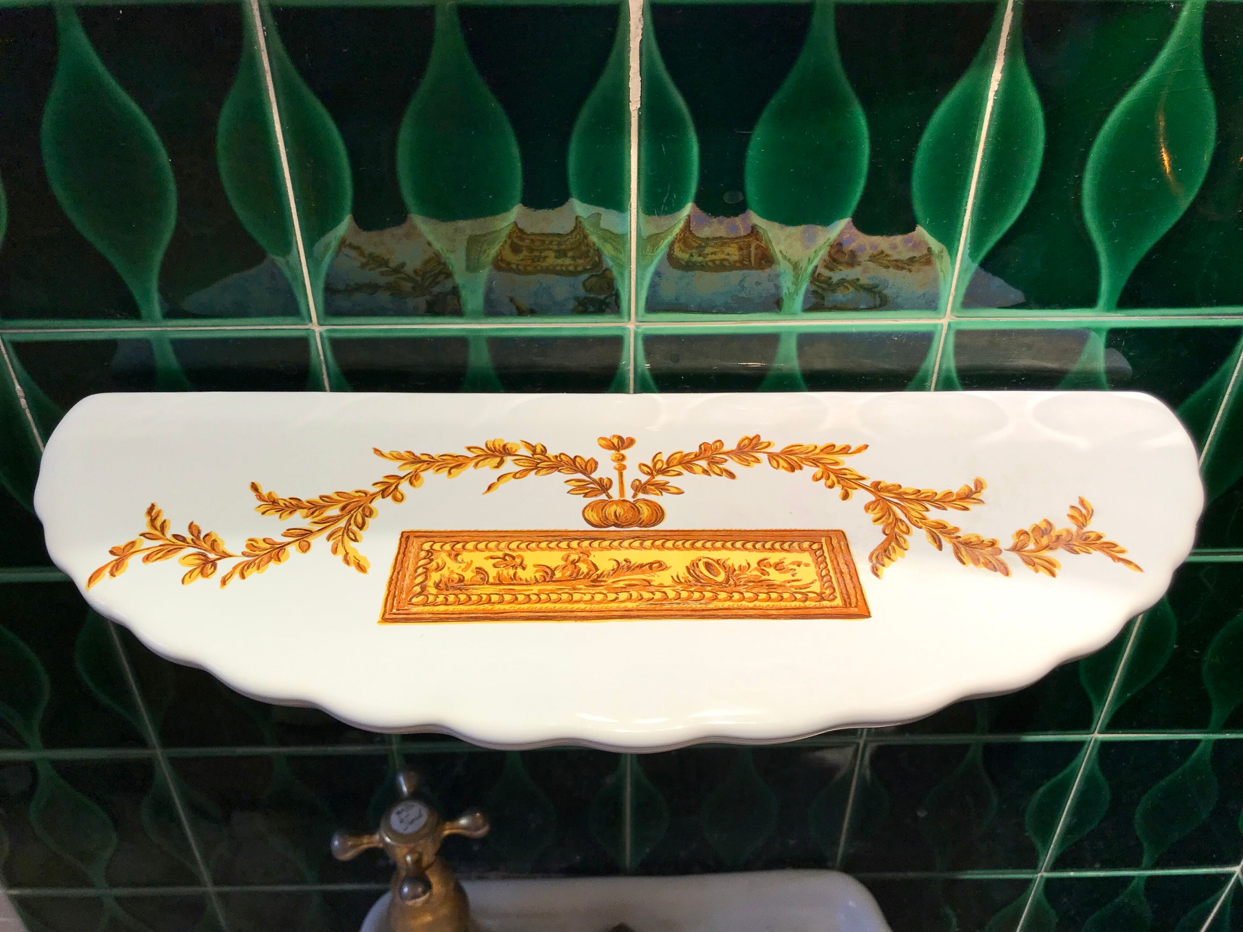 VINTAGE SHELL WASHBASIN SET PORCELAIN OF PARIS SHELVES BASIN AND TOWEL RACK