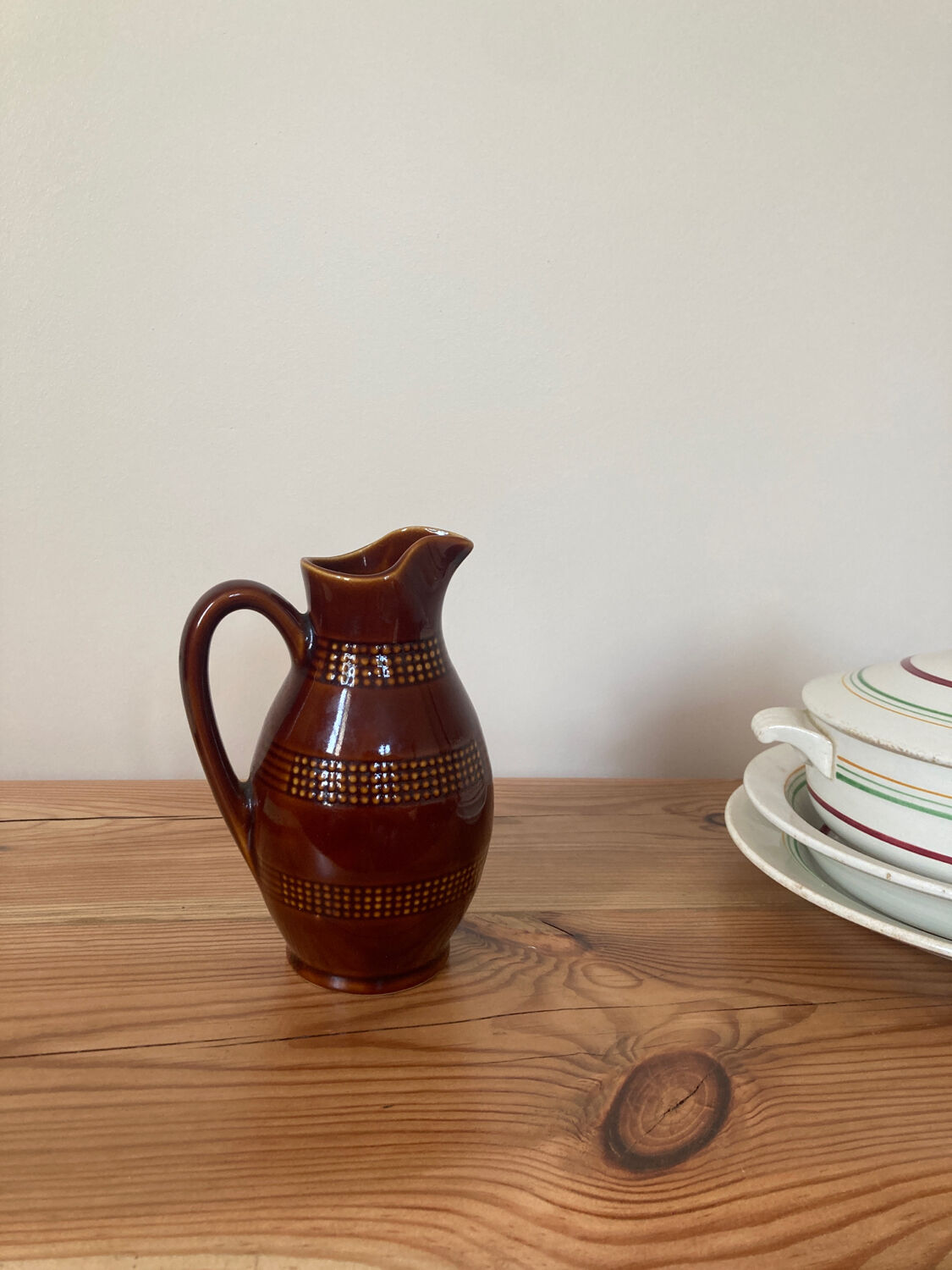 Vintage brown stoneware pitcher from Berry