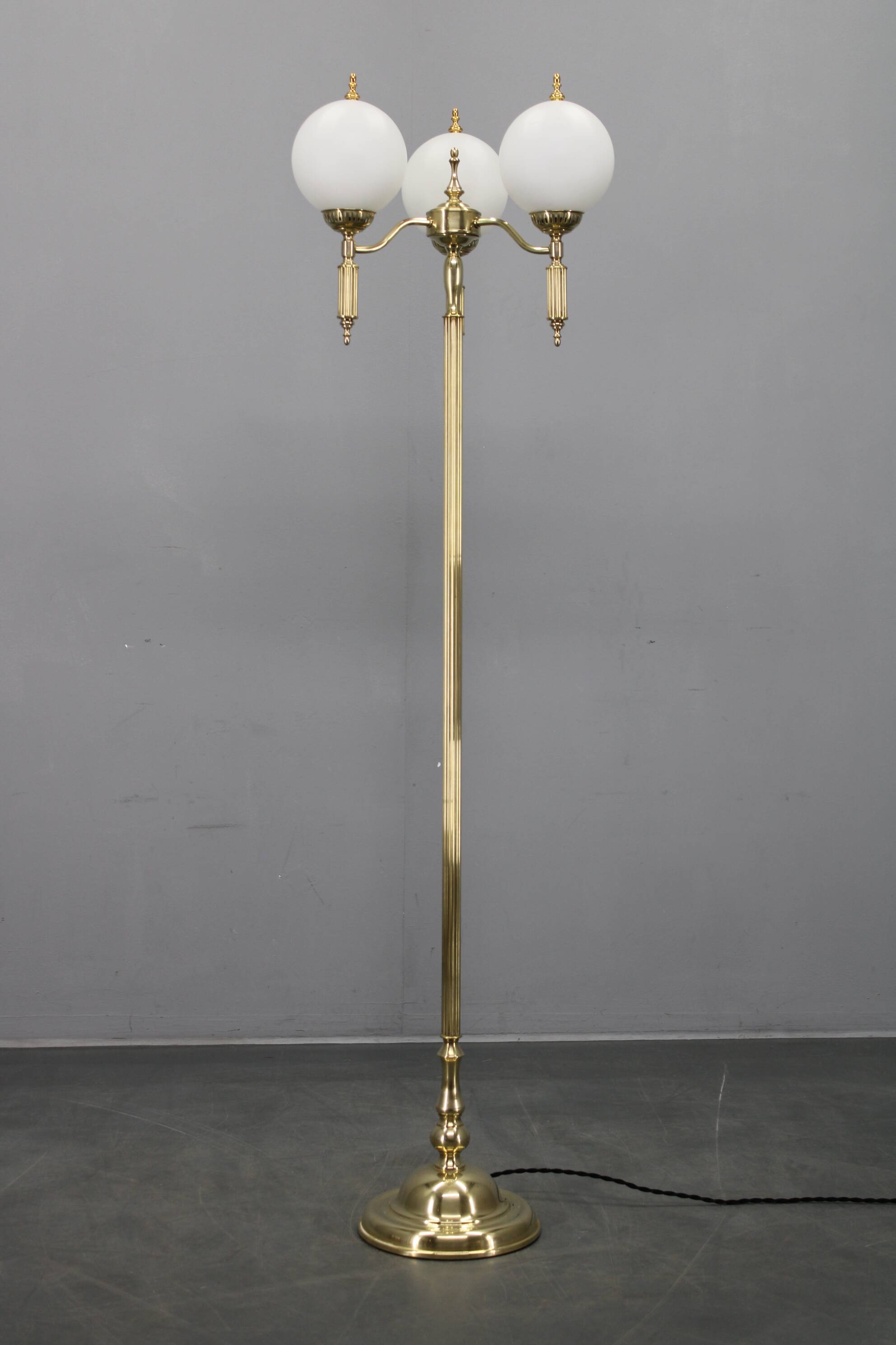 1970s Czechoslovak floor lamp in brass with milky glass shades